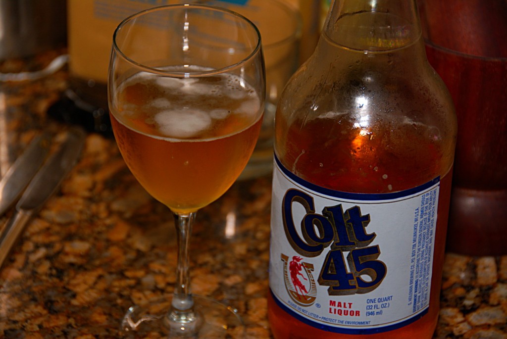 Always nice to kick back with the wife and a 40. Class it up with a wine glass. "Colt 45, it works every time."